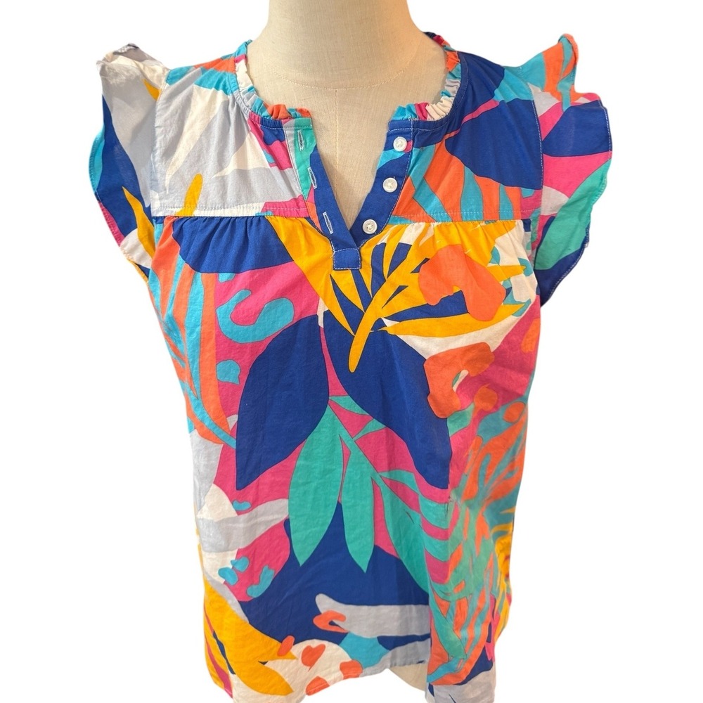 J.Crew XS Womens Cotton Tropical Floral Flutter Sleeve Henley Top Multicolor